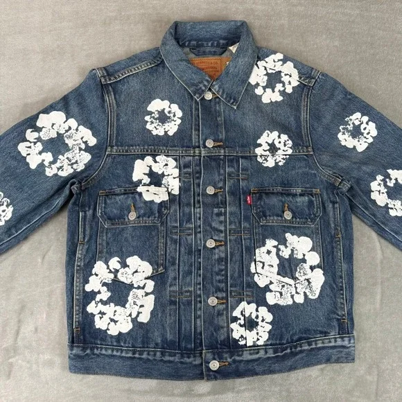 Levis x Denim Tears All Over Wreath Denim Jacket Mens Small Blue Dark Wash NWOT - Picture 2 of 7